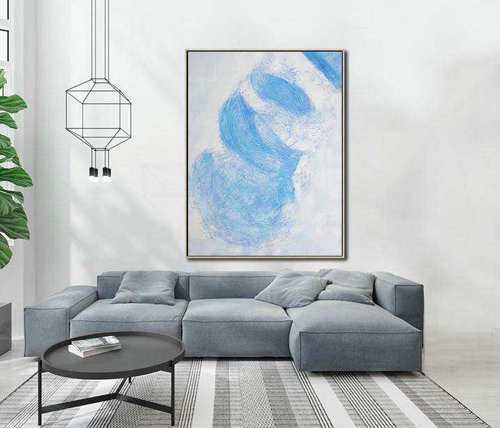 Extra Large Acrylic Painting On Canvas,Vertical Palette Knife Contemporary Art,Large Wall Canvas,Sky Blue,White,Gray.Etc